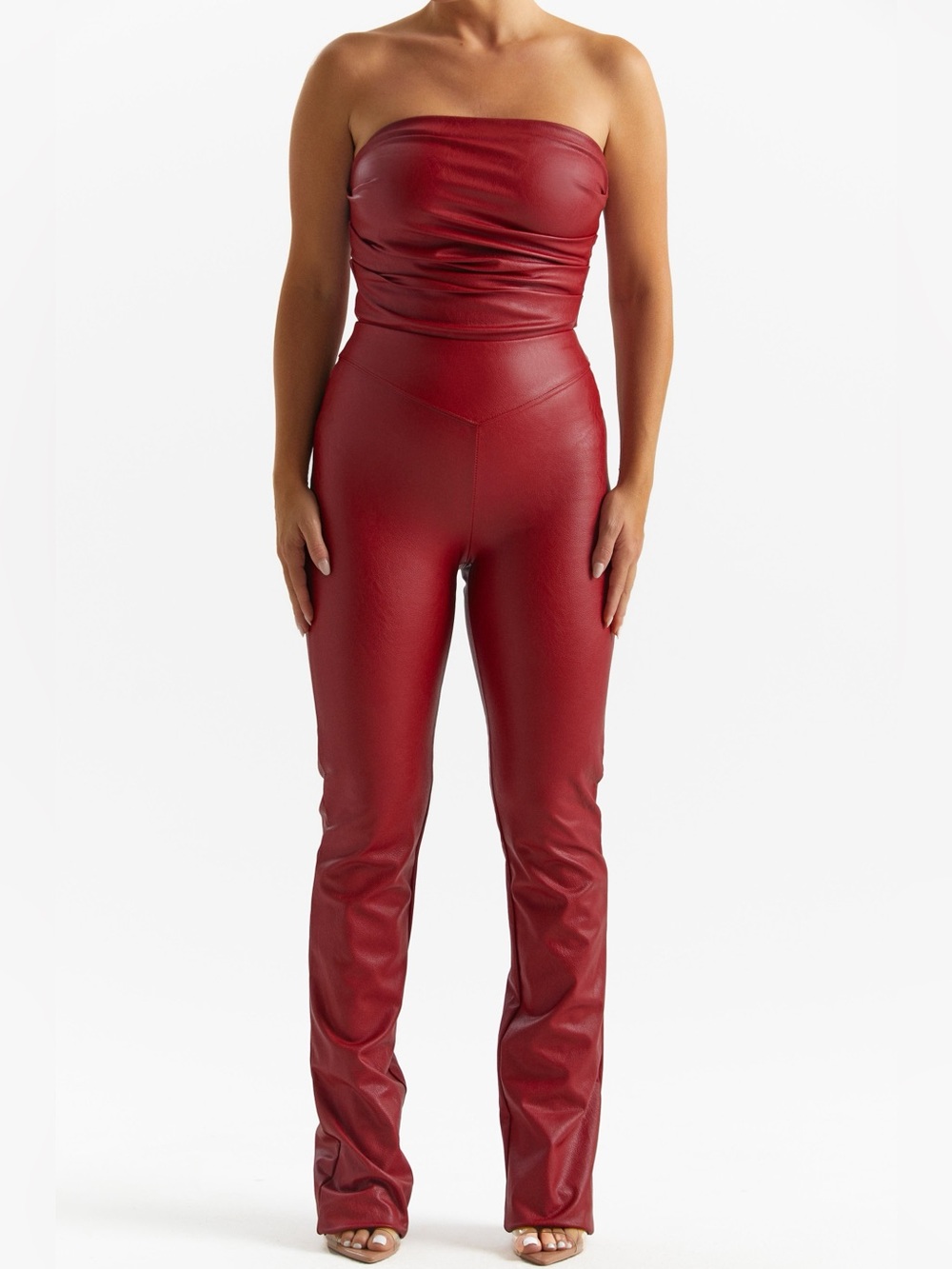 naked wardrobe Strapless Vegan Leather Bodysuit & Pants Two Piece set Chic Bold